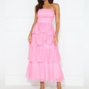 HELLO MOLLY NUMBER ONE OPTION STRAPLESS MIDI DRESS PINK LARGE TIERED RUFFLE